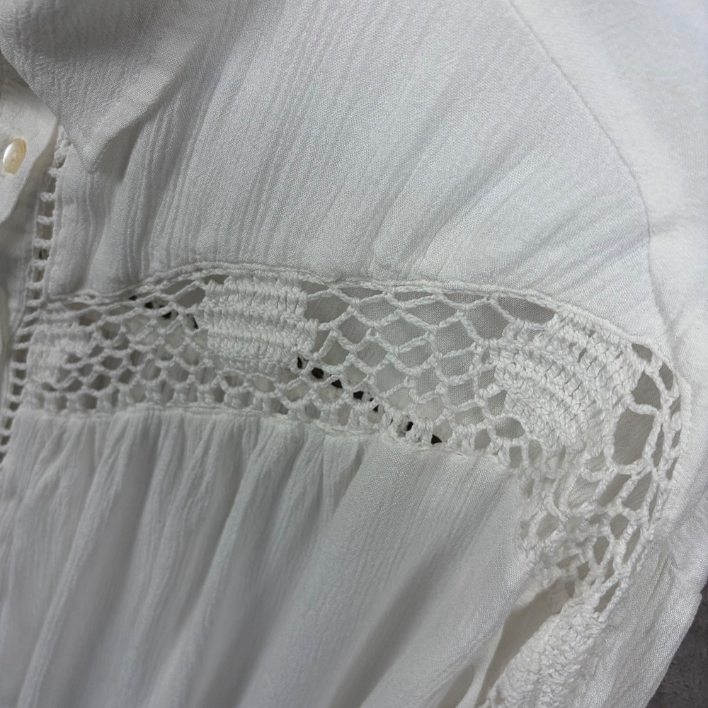 Free People Katie Bird White Crochet Lace Shirt L Oversized Crinkle Beachy Boho - Picture 8 of 12